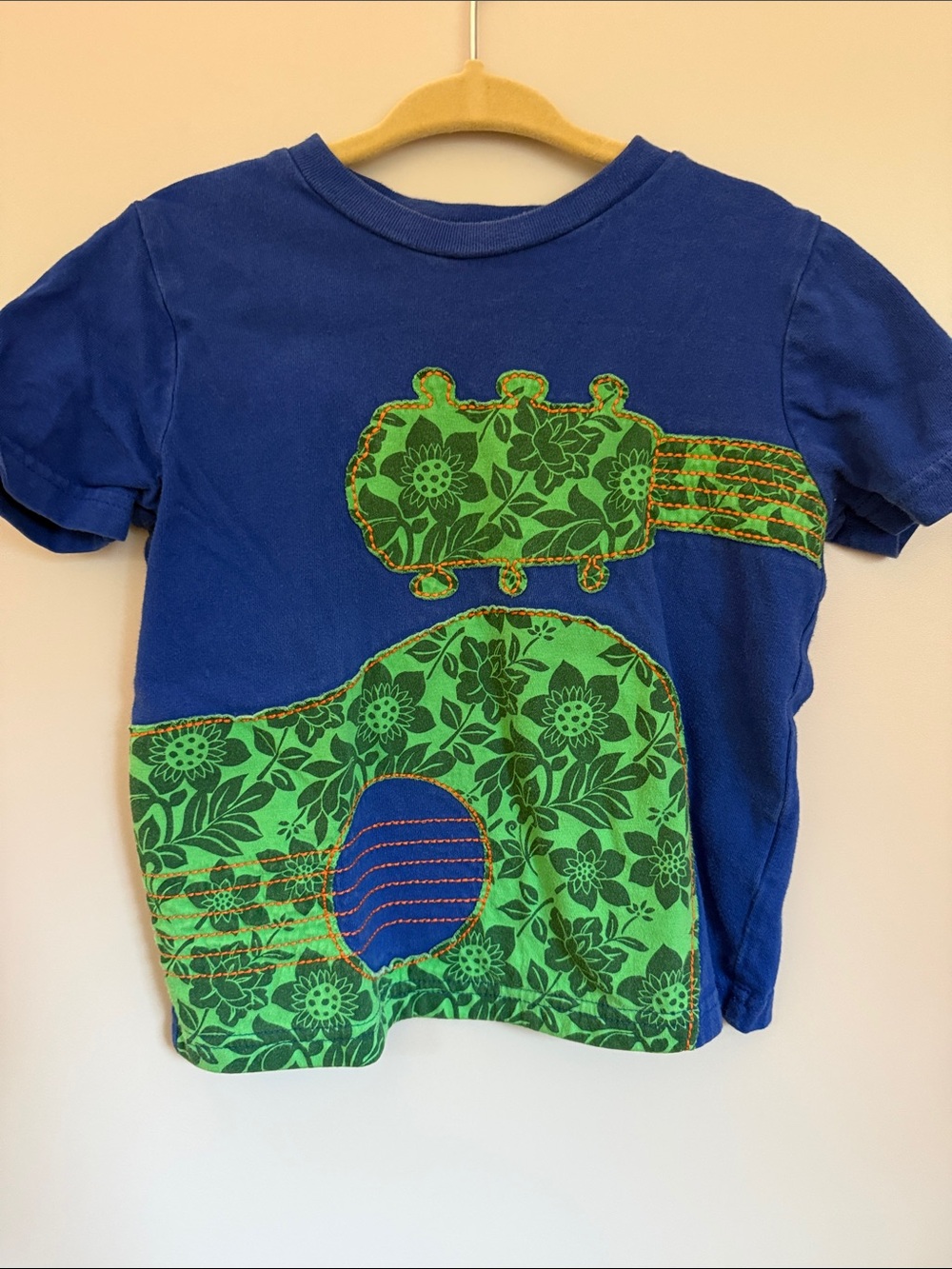 Mini Boden Blue Tee with Green Floral Guitar Applique